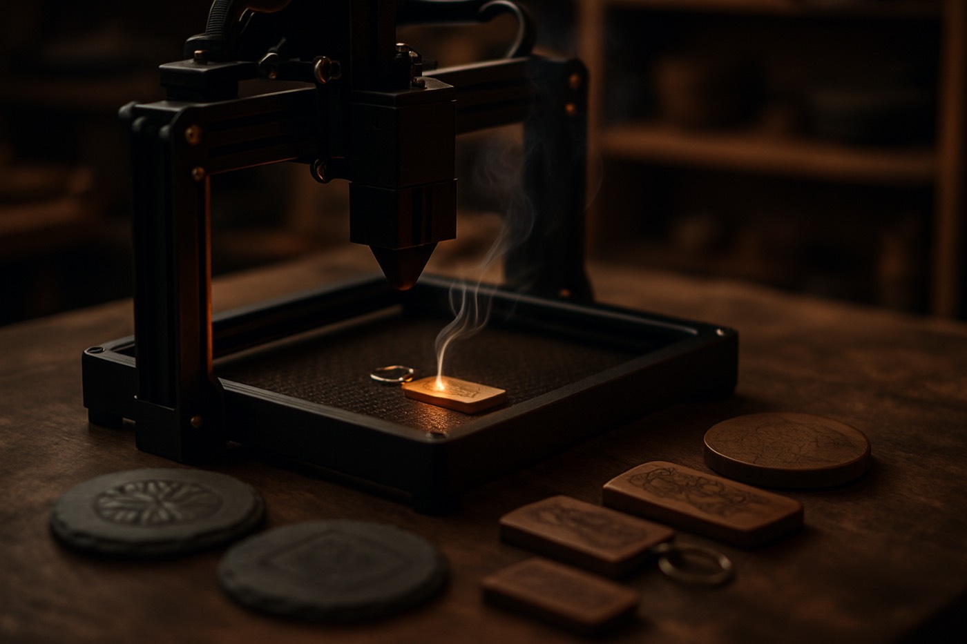 A laser engraver mid-burn beside finished engraved wood and slate keepsakes